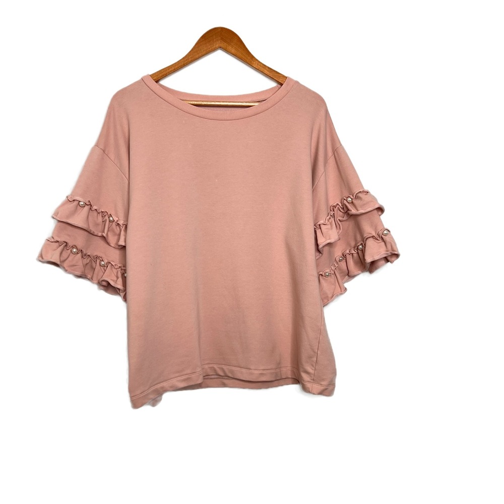 Ana A New Approach Ruffle Pearl Sleeve Sweatshirt Women's Crew Neck Pullover Top